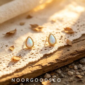 Op de afbeelding: Een paar gouden oorknopjes met druppelvormige opalen met iriserende witte en blauwe flitsen. Elke opaal is omhuld door een delicate gedraaide gouden rand. De tekst NOORGOODSCO staat onderaan de afbeelding gedrukt.