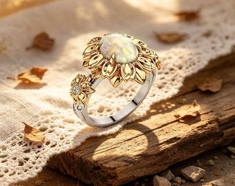 oval opal sunflower floral band two tone women ring