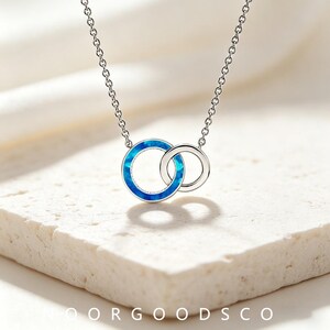 Blue Opal Double Ring Necklace, Silver Interlocking Circles, Minimalist Eternity Jewelry