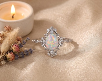 Anillo vintage de plata con ópalo blanco ovalado para mujer