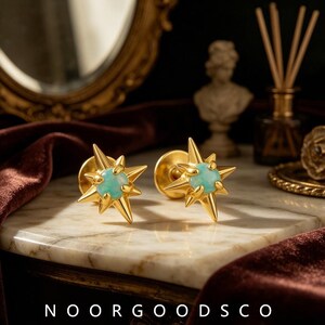 Gold Starburst Opal Stud, S925 Silver Flat Back Piercing Earring, Celestial Tragus Helix Jewelry