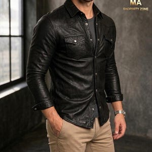 Men’s Slim Fit Black Leather Shirt –  Genuine Leather Western Overshirt