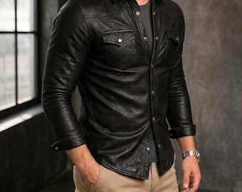 Men’s Slim Fit Black Leather Shirt –  Genuine Leather Western Overshirt