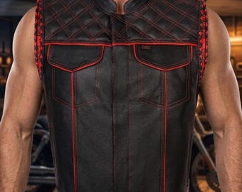 Chaleco de cuero negro para hombre con costuras rojas – Chaleco de motociclista estilo rockero