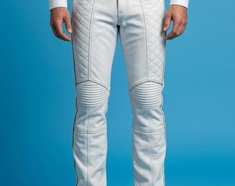 Pantalones de moto de cuero blanco para hombre – Pantalones moteros acolchados – Estilo ajustado