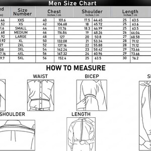 May include: Men's size chart with measurements in inches and centimeters. Includes chest, shoulder, length, and sleeve dimensions for various sizes from XXS to 5XL. Diagrams illustrate how to measure chest, waist, bicep, shoulder, length, and sleeve.
