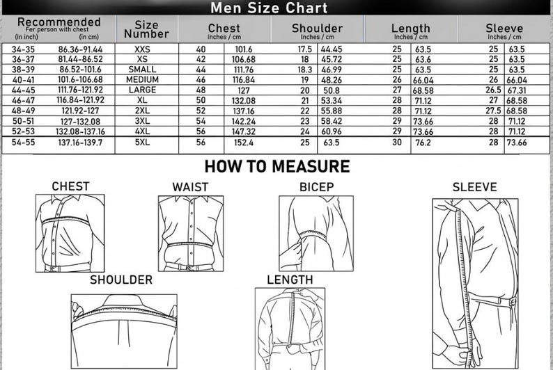 May include: Men's size chart with measurements in inches and centimeters. Includes chest, shoulder, length, and sleeve dimensions for various sizes from XXS to 5XL. Diagrams illustrate how to measure chest, waist, bicep, shoulder, length, and sleeve.