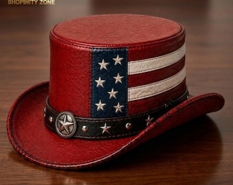 Sombrero de copa de cuero rojo con la bandera estadounidense – Accesorio vaquero steampunk del oeste
