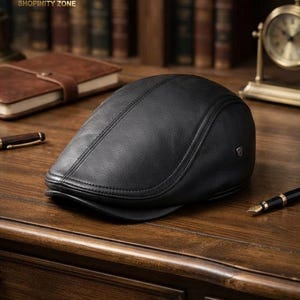May include: A black leather flat cap featuring a structured crown with visible stitched seams and a small metallic emblem on the side. The cap has a smooth, matte finish and a curved brim, presenting a classic silhouette with clean lines.