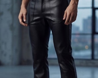 Pantalones acampanados de cuero genuino negro para hombre – Pantalones de cuero para motociclista hechos a mano – Pantalones de moto de campana con corte bota