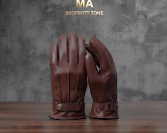 Guantes de conducir de cuero marrón hechos a mano para hombre – Guantes de invierno de cuero auténtico – Guantes de vestir clásicos – Regalo de lujo suave