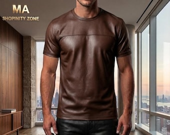 Camiseta de hombre de cuero genuino marrón – Manga corta, cuello redondo, estilo motero