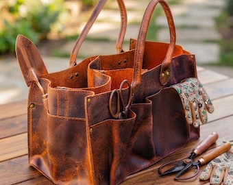 Bolsa de herramientas de cuero hecha a mano con 8 bolsillos – Bolsa de herramientas de jardín de cuero genuino – Organizador de jardinería – Bolsa multiusos para carpinteros – Regalo para jardineros