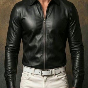 Men's Black Genuine Leather Zip-Up Shirt Jacket – Slim Fit Biker Style Streetwear Top