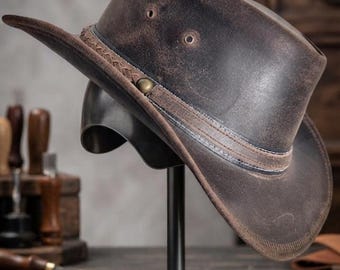 Sombrero vaquero de cuero envejecido hecho a mano – Sombrero estilo western para hombre – Sombrero de rancho vintage – Sombrero de vaquera de ala ancha