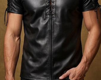 Camisa de cuero negra para hombre – Top de manga corta estilo motero con cordones en la parte delantera