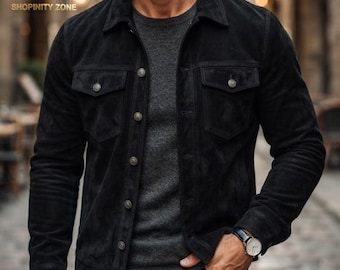 Chaqueta de camionero de ante para hombre – Abrigo estilo vintage con botones en la parte delantera