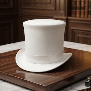 May include: A solid white top hat featuring a flat crown and a curved brim with a matching white ribbon band encircling the base. The text MA SHOPINITY ZONE is visible in the upper left corner of the frame, presented in a gold-coloured font.
