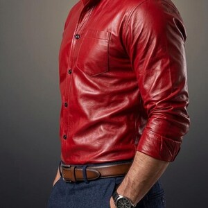 Men's Red Genuine Leather Shirt – Slim Fit Biker Style Button Up – Handmade Apparel