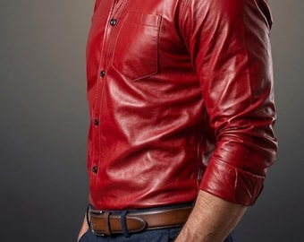 Men's Red Genuine Leather Shirt – Slim Fit Biker Style Button Up – Handmade Apparel