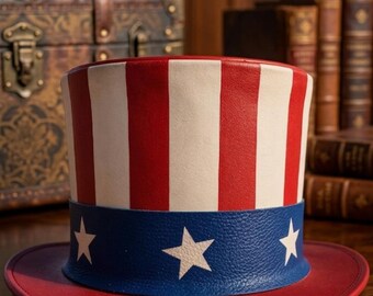 Sombrero de cuero hecho a mano del Tío Sam – Sombrero de copa patriótico con la bandera estadounidense – Accesorio de disfraz con estrellas y rayas