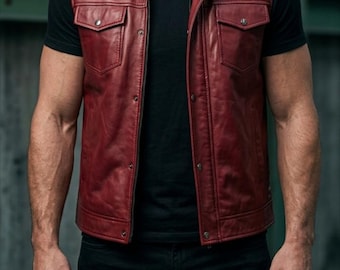 Chaleco de cuero rojo con capucha para hombre – Chaleco estilo motero hecho a mano