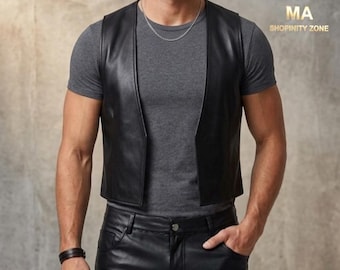 Chaleco de cuero negro para hombre – Chaleco motero sin mangas, estilo urbano informal