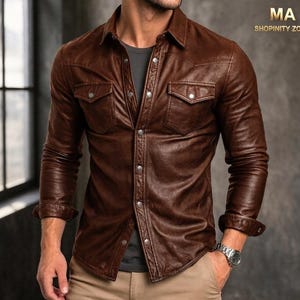 Men's Brown Genuine Leather Western Shirt – Slim Fit Button Up Top