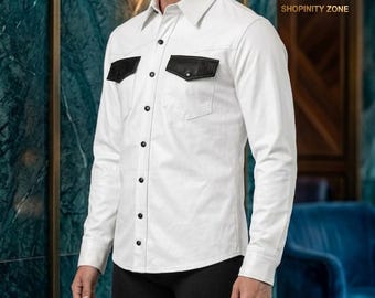 Camisa motera blanca de imitación de cuero para hombre – Bolsillo negro estilo western con botones