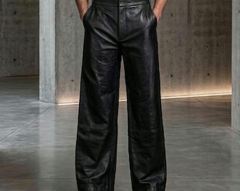 Pantalones anchos de piel auténtica negra – Pantalones holgados de estilo urbano – Pantalones estilo motociclista