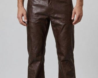 Pantalones acampanados de cuero marrón para hombre – Pantalones de motorista vintage con campana
