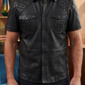 Men's Black Leather Shirt – Genuine Leather Short Sleeve Button Up Biker Western Shirt