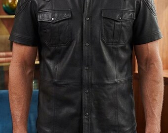 Camisa de cuero negra para hombre – Camisa motera western de manga corta con botones, de cuero auténtico