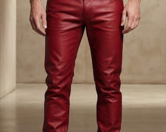 Pantalones de cuero rojo para hombre – Pantalones de cuero genuino hechos a mano – Pantalones de motorista ajustados – Moda motera