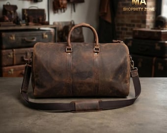 Bolsa de lona de cuero envejecido hecha a mano – Bolsa de viaje de fin de semana de cuero genuino – Bolsa de gimnasio vintage para pasar la noche para hombre