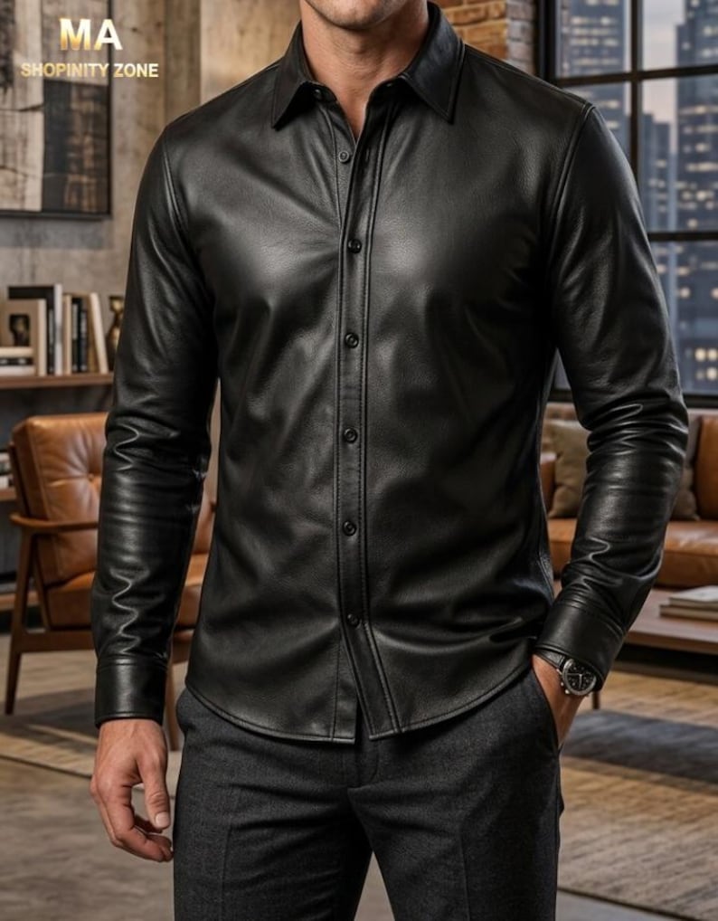 May include: Black leather button-down shirt with long sleeves. The shirt has a classic collar and is buttoned up the front. The shirt is worn with dark gray pants. The image includes the text "MA SHOPINITY ZONE".