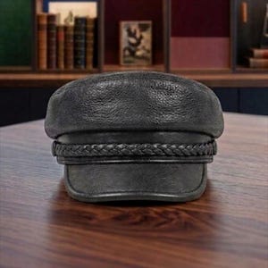 Puede incluir: Gorra de cuero negro con detalle de banda trenzada. La gorra tiene una corona redondeada y una visera corta y plana. El sombrero se exhibe sobre una superficie de madera.