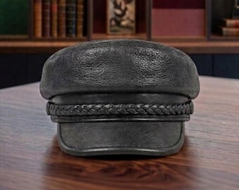 Gorra Newsboy de cuero auténtico – Gorra plana de motorista con ribete trenzado