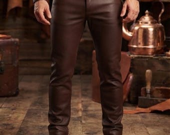 Pantalones de cuero marrón para hombre – Pantalones de cuero genuino hechos a mano – Pantalones de moto ajustados – Vaqueros de cuero estilo motero western