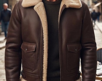 Chaqueta de piel de oveja marrón para hombre – Chaqueta bomber de aviador de piel auténtica hecha a mano – Abrigo de vuelo B3 de invierno, regalo para hombre