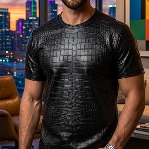 Puede incluir: Una camiseta negra de manga corta con un patrón texturizado de piel de cocodrilo. La prenda presenta un cuello redondo y un corte ajustado. El texto MA SHOPINITY ZONE es visible en la esquina superior izquierda de la imagen.