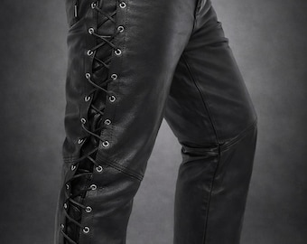 Pantalones de cuero negro con cordones para hombre: pantalones de motociclista hechos a mano, corte ajustado, estilo gótico rockero.