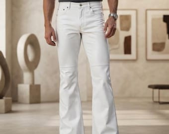 Pantalones acampanados de cuero blanco para hombre – Pantalones de campana hechos a mano – Pantalones retro estilo western – Moda vaquera para festivales