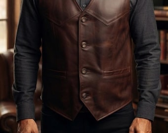 Chaleco de cuero marrón hecho a mano para hombre – Chaleco vaquero de cuero auténtico estilo western – Chaleco de motociclista estilo vaquero vintage – Chaleco de cuero clásico
