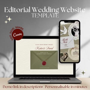 Peut inclure: Un ordinateur portable et un smartphone affichent un modèle de site web de mariage. L'écran de l'ordinateur portable montre une invitation vert olive avec un sceau de cire rouge. Le smartphone affiche des détails de mariage. Texte: "Editorial Wedding Website Template."