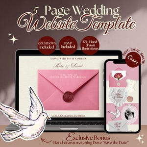 Peut inclure: Un modèle de site web de mariage de 5 pages affiché sur un écran d'ordinateur portable et de smartphone. Le design présente une enveloppe rose avec un sceau de cire, des illustrations dessinées à la main et une carte save-the-date en forme de colombe. Le texte inclut "5 Page Wedding Website Template", "Countdown Included", "RSVP Included", "275+ Hand-drawn illustrations" et "Exclusive Bonus Hand-drawn matching Dove Save the Date".