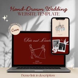 Könnte beinhalten: Ein Laptop und ein Smartphone zeigen eine handgezeichnete Hochzeitswebsite-Vorlage. Der Laptop-Bildschirm ist weinrot mit weißer Strichzeichnung eines Paares und dem Text "Datum und Ort". Das Smartphone zeigt Hochzeitsdetails. Text: "Handgezeichnete Hochzeitswebsite-Vorlage."
