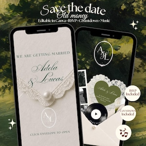 Ivory & Green Wedding Website Template Old Money Save the Date Editable Canva Invitation RSVP Countdown Music Instant Download