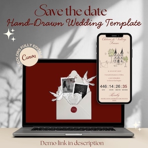 Peut inclure: Un modèle de faire-part de mariage numérique affiché sur un ordinateur portable et un smartphone. L'ordinateur portable montre une enveloppe avec des photos et des colombes. Le téléphone affiche une illustration de château, une date et un compte à rebours. Le texte comprend "Save the date".