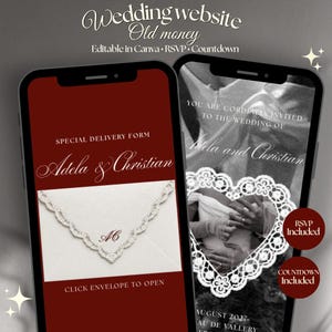 May include: Two smartphones displaying a wedding website template. The left screen features a deep red background with the text Special Delivery Form, Adela & Christian, and an envelope graphic. The right screen shows a black and white photo.